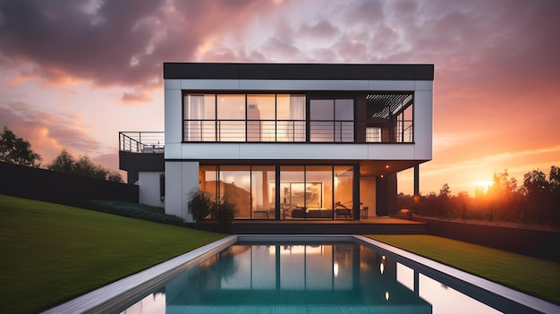 Modern big house with pool at evening view