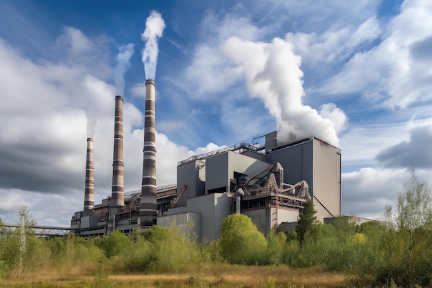 Modern biomass power plant with smoke billowing from its chimneys created with generative ai