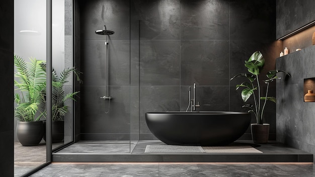 Photo modern black bathroom with freestanding tub and tropical plants