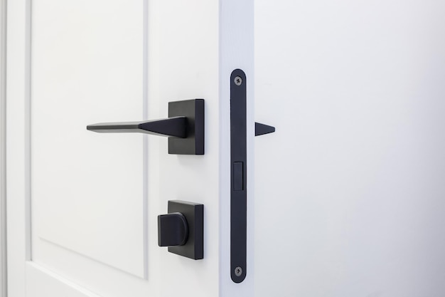 Modern black door handle on white wooden door in interior Knob closeup elements Door handle fittings for interior design