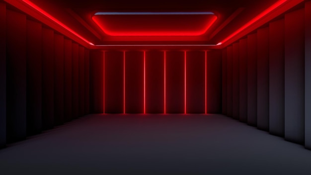 Modern black empty room interior with red LED light 3d rendering