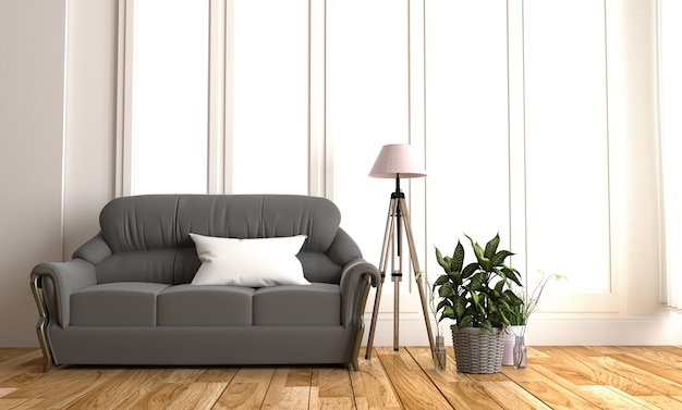 Modern black fabric sofa in white room interior parquet wood floor.