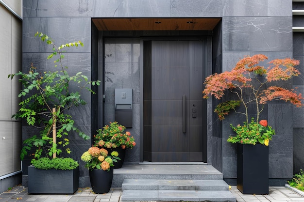 Photo modern black front door with potted plants on the facade of a contemporary building