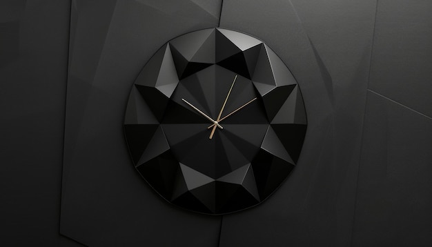 Photo a modern black geometric clock with gold hands against a dark background