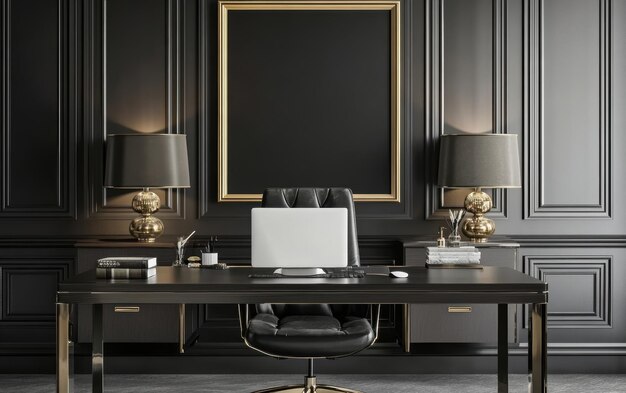 Photo modern black and gold home office interior