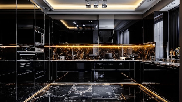 Photo modern black and gold kitchen with marble flooring