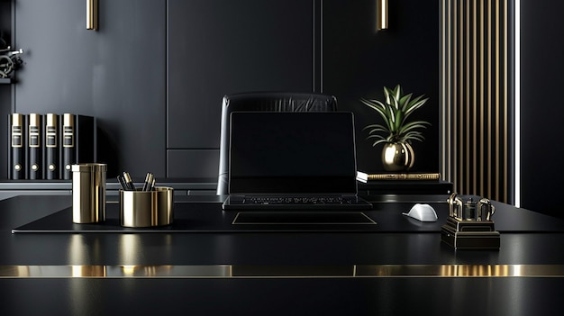 Photo modern black and gold office desk setup with laptop and accents