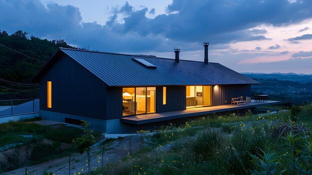 Modern Black House with Deck and Mountain View at Dusk