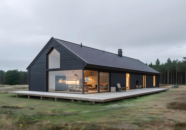 Modern Black House With Large Windows And Wooden Deck