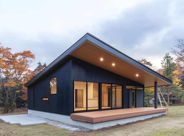 Modern Black House with Wooden Deck and Large Windows