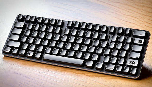 Modern Black Keyboard with Shiny Keys on Wooden Table