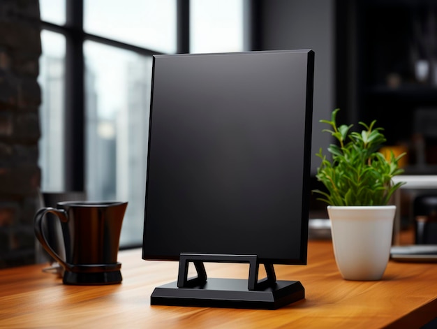 Modern black menu board on wooden table in office Mock up Generative AI