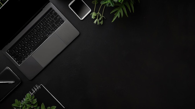 Modern Black Office Workspace Desk with Laptop on Black Background