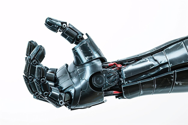 Photo modern black robotic bionic arm holding something isolated on white