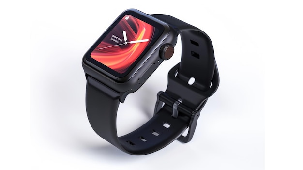 Modern black smart watch with black strap on white background AI generated image