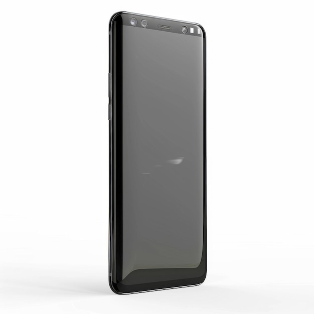 Modern black smartphone with sleek design and reflective screen on white background