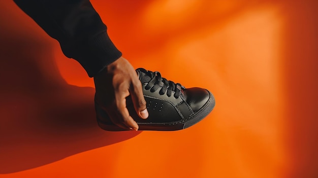 Modern black sneaker held by a mans hand isolated on a bright orange background Crea Generative AI