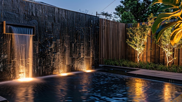 modern black wall with waterfall in garden