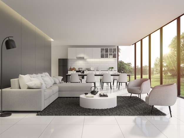 Modern black and white living and dining room with garden view