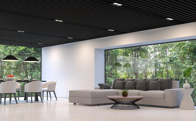 Modern black and white living room and dining room with forest view 3d render