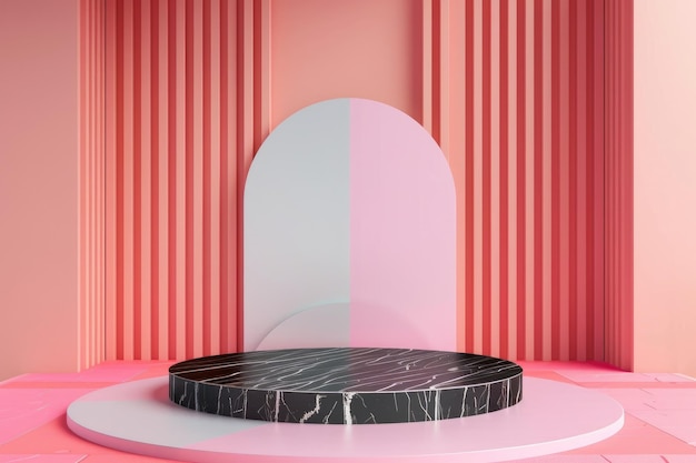 Modern Black and White Pastel Podium on Vibrant Pink Geometric Background