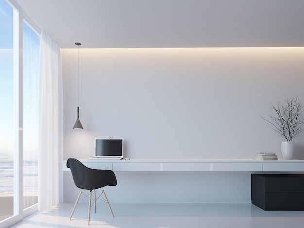 Modern black and white working room with sea view minimalist style 3d render