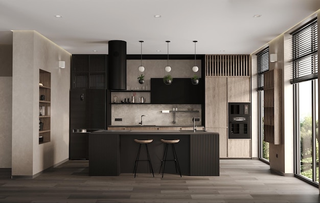 Modern black and wood kitchen interior with island 3d render