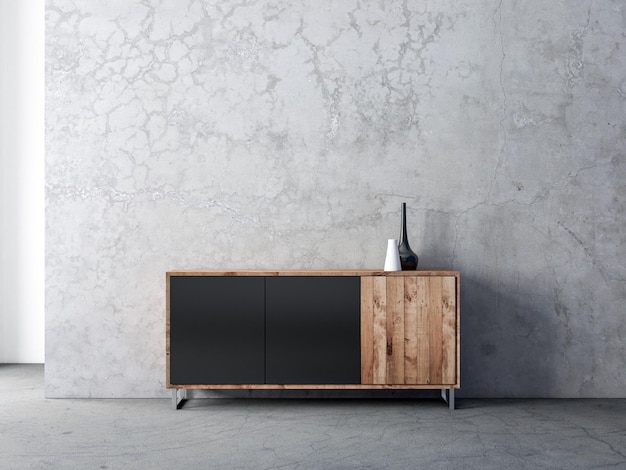 Modern black wooden cabinet mockup in empty living room, 3d rendering