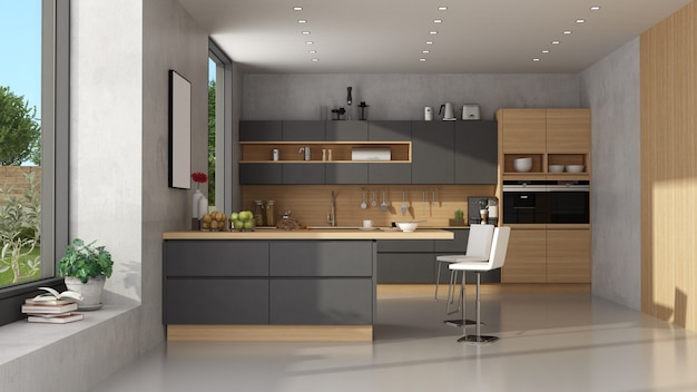 Modern black and wooden kitchen with peninsula