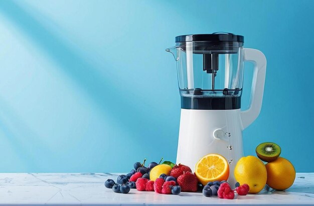 Photo a modern blender in marbel table on some fruits in blue colour background