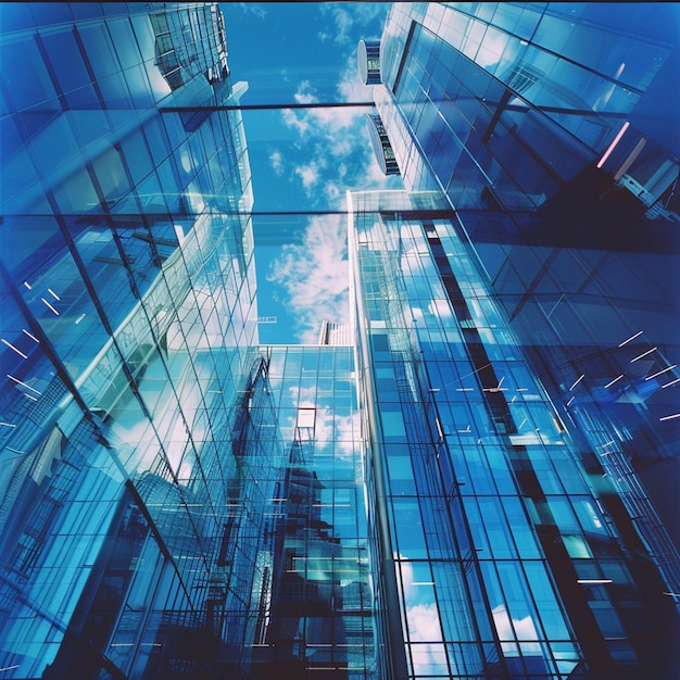 Photo modern blue architecture with building reflections in glass surfaces