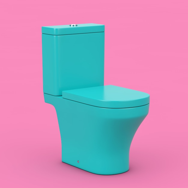 Modern Blue Ceramic Toilet Bowl in Duotone Style on a pink background. 3d Rendering