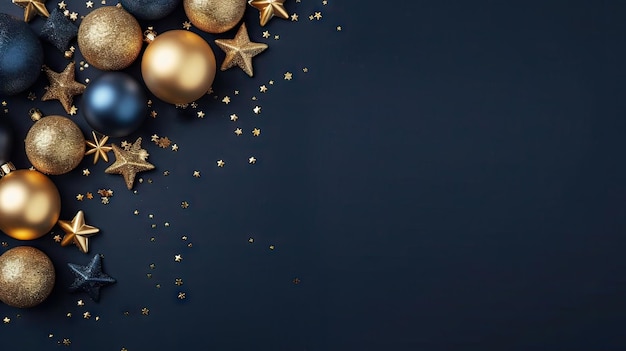 Photo modern blue christmas background with gold stars balls greeting card design happy new year