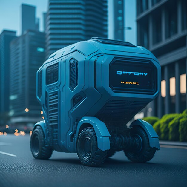 Photo a modern blue delivery robot with city in the background generative ai