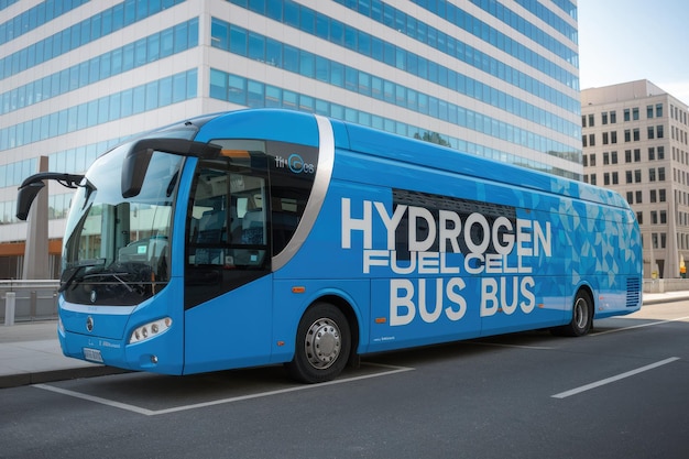 Photo modern blue hydrogen fuel cell bus in urban setting