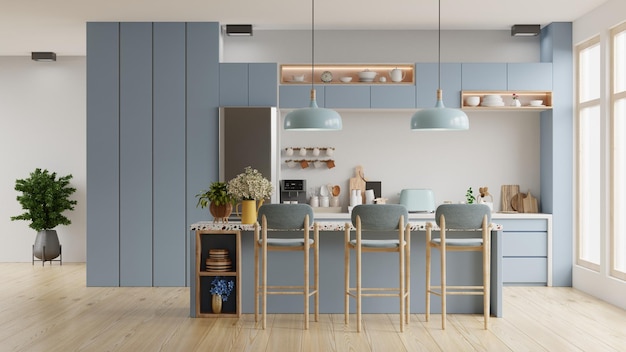 Modern blue kitchen interior with furniturekitchen interior with white wall