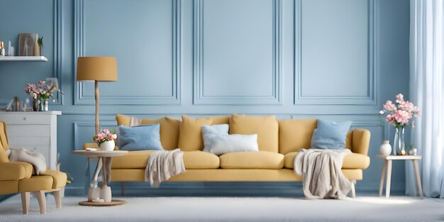 Modern blue living room design with sofa and furniture Blurred bright living room