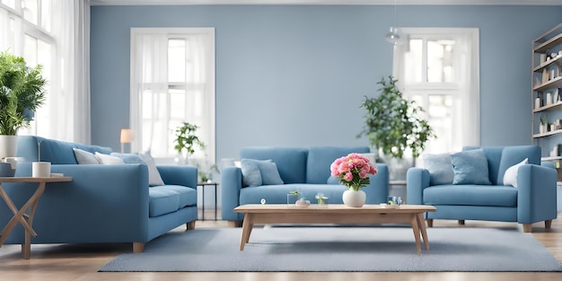 Modern blue living room design with sofa and furniture Blurred bright living room