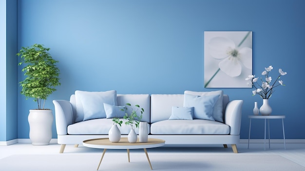 Modern Blue Living Room Design with Sofa and Furniture