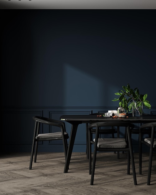 Modern blue luxury dark living room interior background with black table and chair dark room interior mock up dark blue empty wall mockup 3d rendering