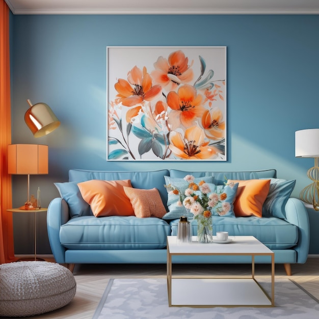 Modern blue and orange living room design with sofa and furniture with flowers