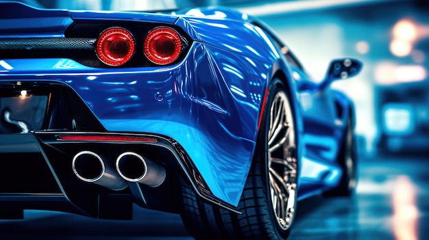 modern blue sports car seen from the back side in garage