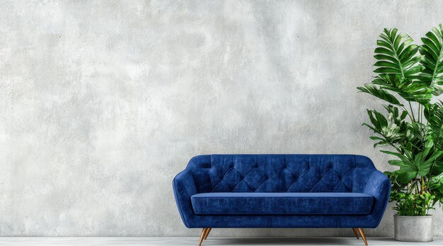 Photo modern blue velvet sofa in minimalist interior