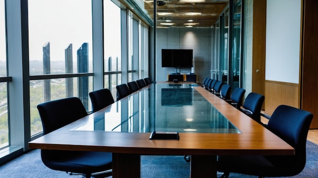 Modern boardroom with a large window offering a city view