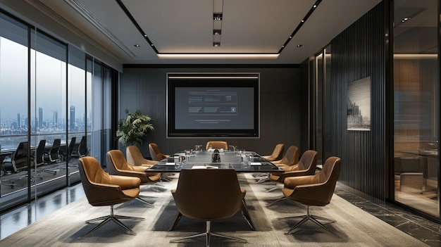 Modern boardroom with large windows overlooking a city skyline