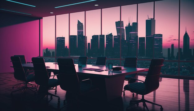 Modern Boardroom with Panoramic Cityscape at Sunset