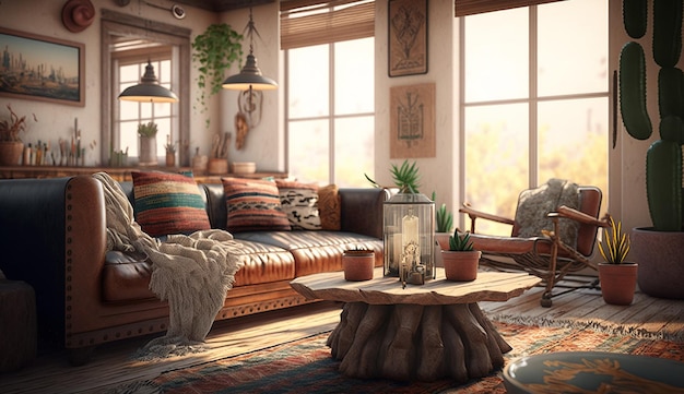 Modern bohemian style interior living room design AI Generated image