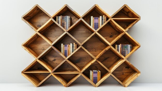 Photo modern bookcase with geometric shelves isolated on a white studio background