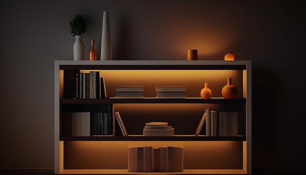 Modern bookshelf illuminates literature collection in elegant home generated by AI