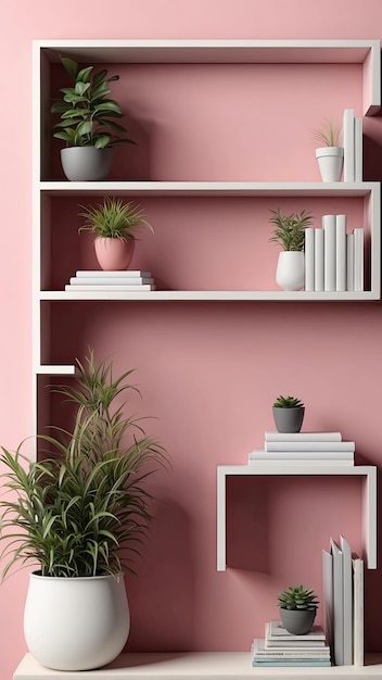 Photo modern bookshelf with the pink background plants